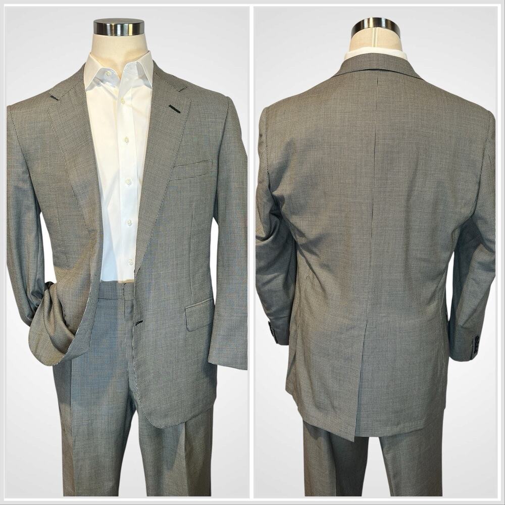 Vtg Oxxford Micro-Houndstooth Super 100s Suit 44L 37x29 Black Ivory 1/4 Lined - Picture 2 of 16